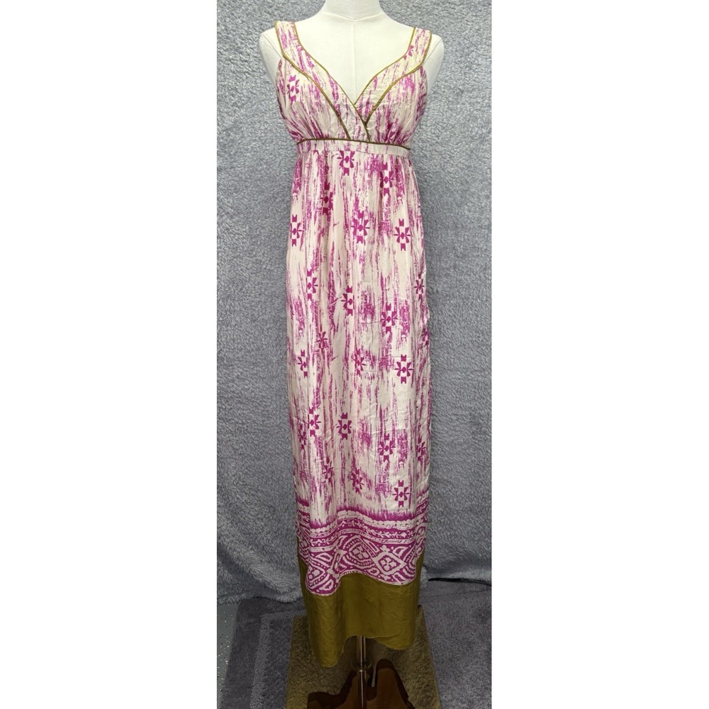 Ann Taylor LOFT Womens Sz 4 100% Silk Maxi Dress Pink Gold V-Neck Sleeveless